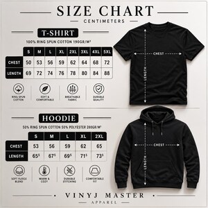 The image is a size chart for a black T-shirt and a black hoodie, providing measurements and details about the clothing items.