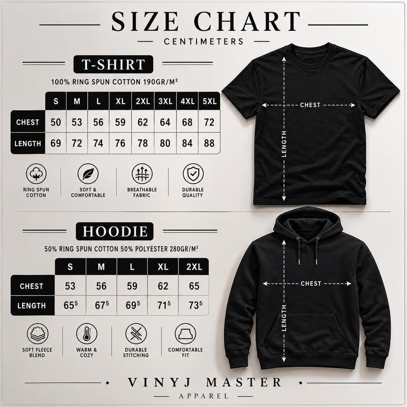 The image is a size chart for a black T-shirt and a black hoodie, providing measurements and details about the clothing items.