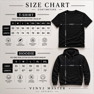 The image is a size chart for a black T-shirt and a black hoodie, providing measurements and details about the clothing items.