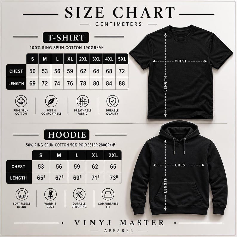 The image is a size chart for a black T-shirt and a black hoodie, providing measurements and details about the clothing items.