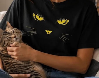 Glowing Cat Eyes Tee, Black Mystic Kitten Clothing, Minimalist Animal Apparel, Gothic Gift