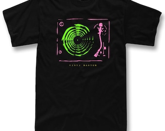 Vinyl Master T-Shirt, DJ Shirt, Turntable Graphic Tee, Retro Neon Streetwear, Vinyl Record Shirt, Synthwave Music Tee, Audiophile Gift