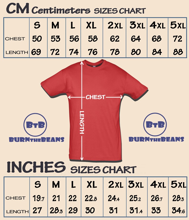 May include: Red t-shirt with a size chart in inches and centimeters. The chart displays chest and length measurements for sizes S to 5XL. The chest measurements range from 19.7 to 28.3 inches, and the length from 27 to 34.6 inches.
