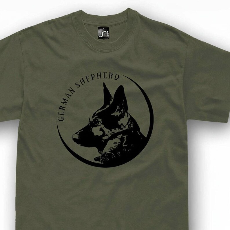 A green t-shirt with a black graphic design depicting the head of a German Shepherd dog.