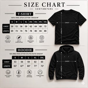 The image is a size chart for a T-shirt and a hoodie, providing measurements and descriptions for the different sizes.