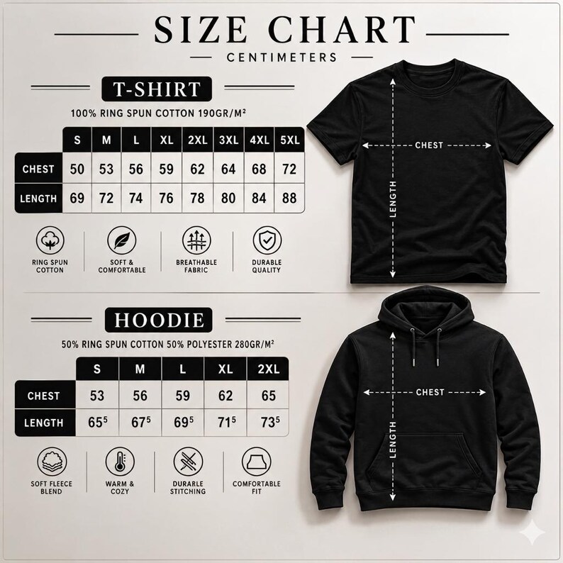 The image is a size chart for a T-shirt and a hoodie, providing measurements and descriptions for the different sizes.