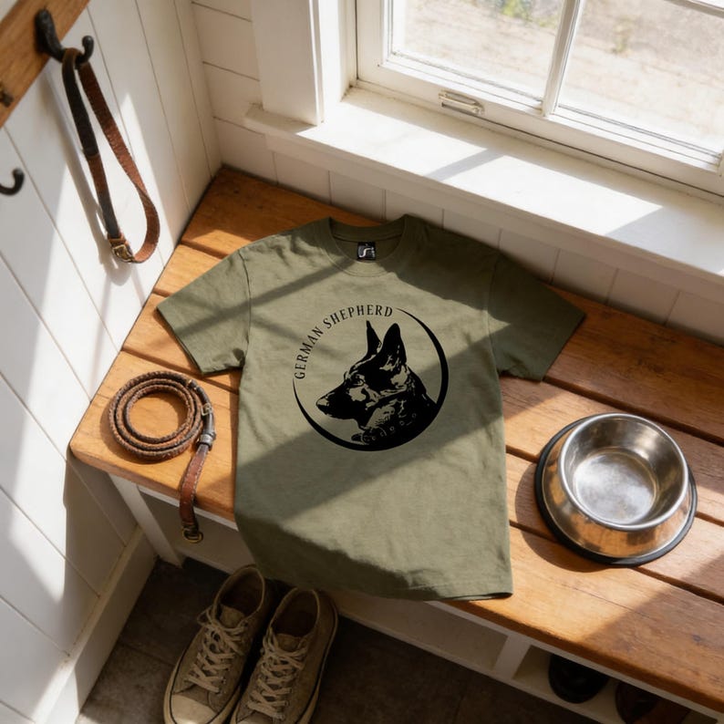 a green t-shirt with a graphic of a German Shepherd dog, a brown leather belt, a metal bowl, and a pair of shoes placed on a wooden bench.