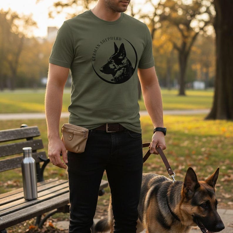 A man wearing a green t-shirt with a graphic of a German Shepherd is walking his dog in a park.