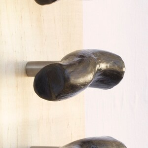 May include: Five dark brown wooden door handles with silver metal mounting plates. The handles are all different shapes and sizes, but they are all made from the same type of wood.