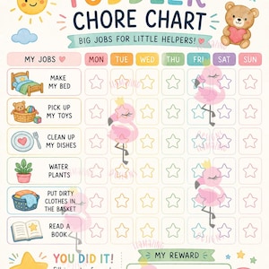 Può includere: Un colorato schema delle faccende domestiche per bambini piccoli con il titolo "TODDLER CHORE CHART" in colori arcobaleno. Lo schema include compiti come rifare il letto e leggere un libro, con spazi per riempire le stelle. Sono presenti anche un sole, un orso e un fenicottero.