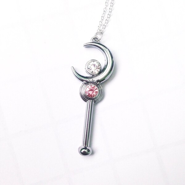 Sterling Silver Anime Sailor Moon Cosplay Silver Wand Staff Pendant Necklace OR Black Velvet Choker