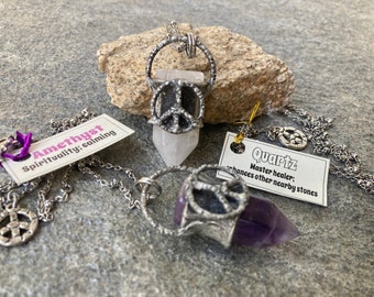 PEACE Amethyst or Quartz crystal point with peace sign on adjustable beaded satellite chain