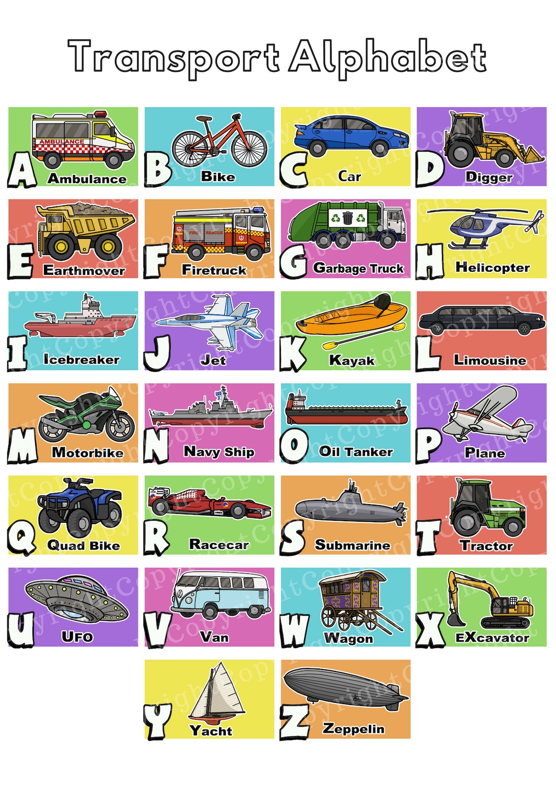 Modes of transport Alphabet Vehicle Poster Instant Etsy
