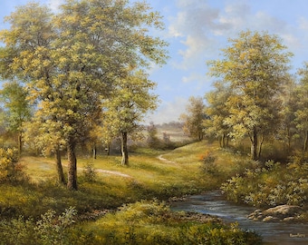 Original Oil Painting, Signed Korean Art, Golden Autumn Landscape, Woodland Stream and Winding Path