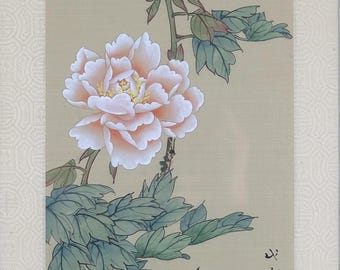 Vintage Asian Art on Silk, Butterfly and Peony, Original Oriental Painting Wall Art Decor