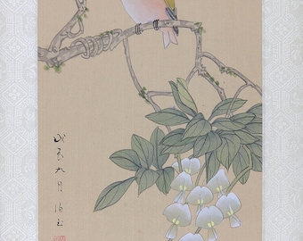 Vintage Asian Watercolor, Wisteria Flowers and Birds, VTG Oriental Chinese Watercolor Painting on Silk Paper, Vintage Asian Wall Art
