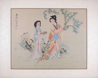 Asian Painting on Silk, Old Chinese Beauties, Vintage Oriental Wall Art, 16x20 inches