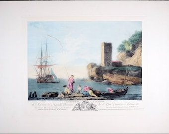 Vintage Copper Plate Etching, Old European Harbor Fishing Scene, Amazing Vintage Print