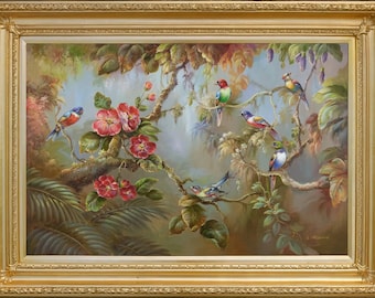 Framed Oil Painting: Wild Birds in Forest, Signed L Richard