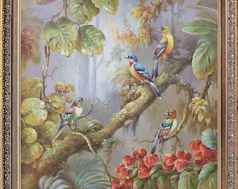 Framed Original Oil Painting on Canvas, Wild Birds, Signed Korean Art, Wall Decor