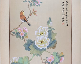 Vintage Oriental Chinese Painting, Spring Bird and Peony, Stamped and Signed, Vintage Asian Watercolor on Silk Paper