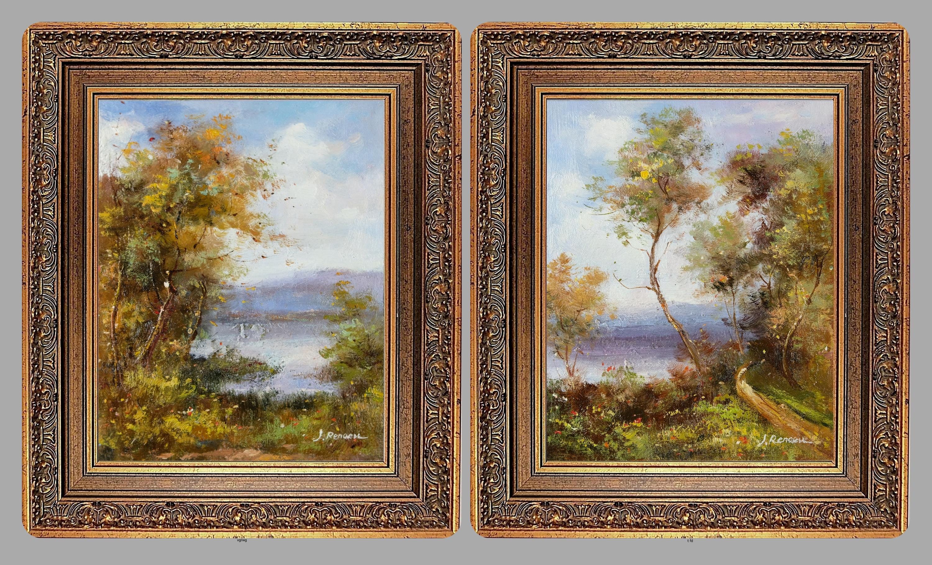 Country Landscape, Oil Paintings on Canvas, Signed J Reneau, with Antique Gold Frames