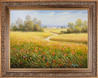 Framed Original Oil Painting, Signed Impressionist Autumn Field Landscape, Korean Artist