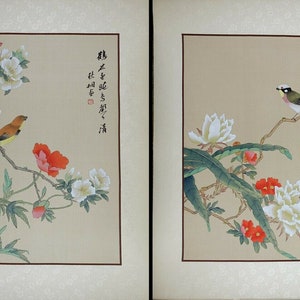 A Set of Asian Watercolor on Silk Paper, Oriental Painting on Silk, Vintage Chinese Painting, Red Flowers and Bird