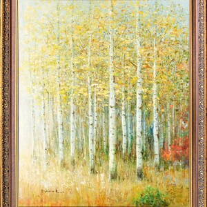 Framed French Oil Painting, Birch Forest Landscape, Signed by Hyun Lee, Korean Art Collection, Impressionism Oil Painting