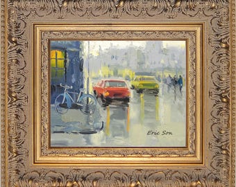 Framed Oil Painting on Canvas, Signed Original Art, Rainy Cityscape Wall Art