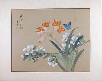 Vintage Asian Art, Traditional Oriental Watercolor Painting, Butterfly and Lily on Silk Paper