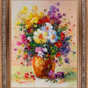 Pintura al óleo floral original sobre lienzo con marco de madera, firmada por E. Calton