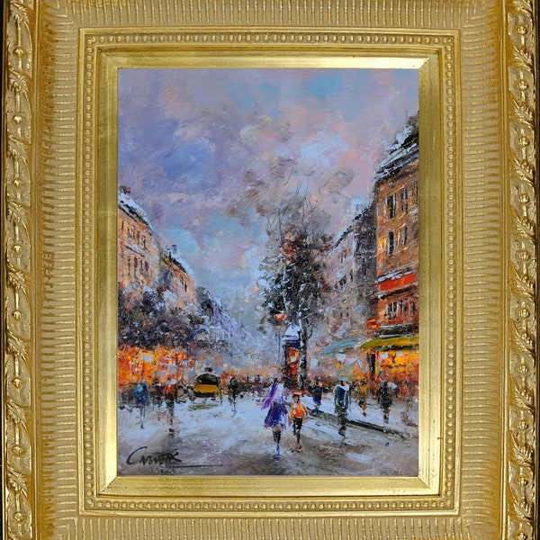 French Framed Oil Painting, Paris Winter Street View, Signed by С Vevers, French Landscape, Original Impressionism Oil Painting