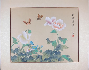 Vintage Asian Watercolor Painting, Pink Poppy & Butterflies on Silk, Oriental Wall Art