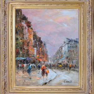 Cuadro al óleo enmarcado, firmado por C. Vevers, "Nevado, Brooklyn, NY", paisaje urbano invernal.