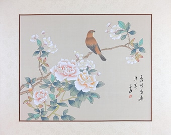 Vintage Asian Art, Watercolor Painting, Bird and Pink Flowers on Silk, Oriental Wall Decor