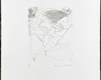 May include: A monochrome line drawing depicting a running figure with a crown and wand. The figure is wearing a dress and cape. The artwork is signed "Kare Martin" and marked "A/P".