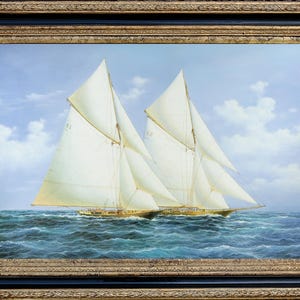 Framed Original Oil Painting, Summer Ocean View Seascape with Sailboats