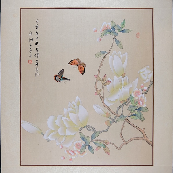 Vintage Oriental Chinese Painting, Dancing Butterfly and Magnolia, Stamped and Signed, Vintage Asian Watercolor on Silk Paper