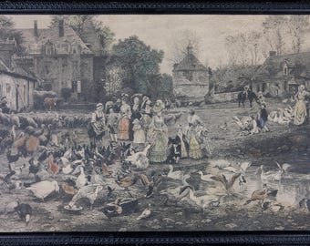 Antique Firmin Girard 1882 Hand Colored Engraving Farmyard Scene Framed Victorian Country Print