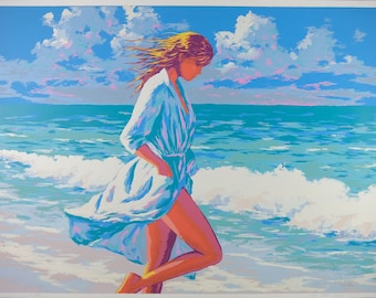 Gary George Serigraph, Vrouw op het strand, gesigneerde vintage print, beperkte oplage, genummerd 111-150