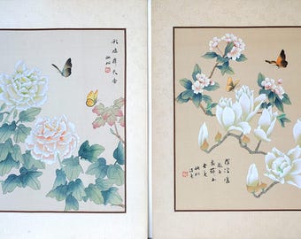 Par de pinturas de seda chinas vintage, acuarela de mariposas y flores, arte VTG oriental