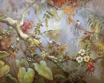 Original Oil Painting on Canvas, Korean Art, Birds in Forest, L Richard Signed (36x48")
