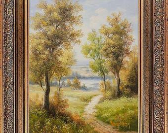 Framed Forest Landscape Oil Painting, Country Path Scenery, Nature Art, Korean Art Collection