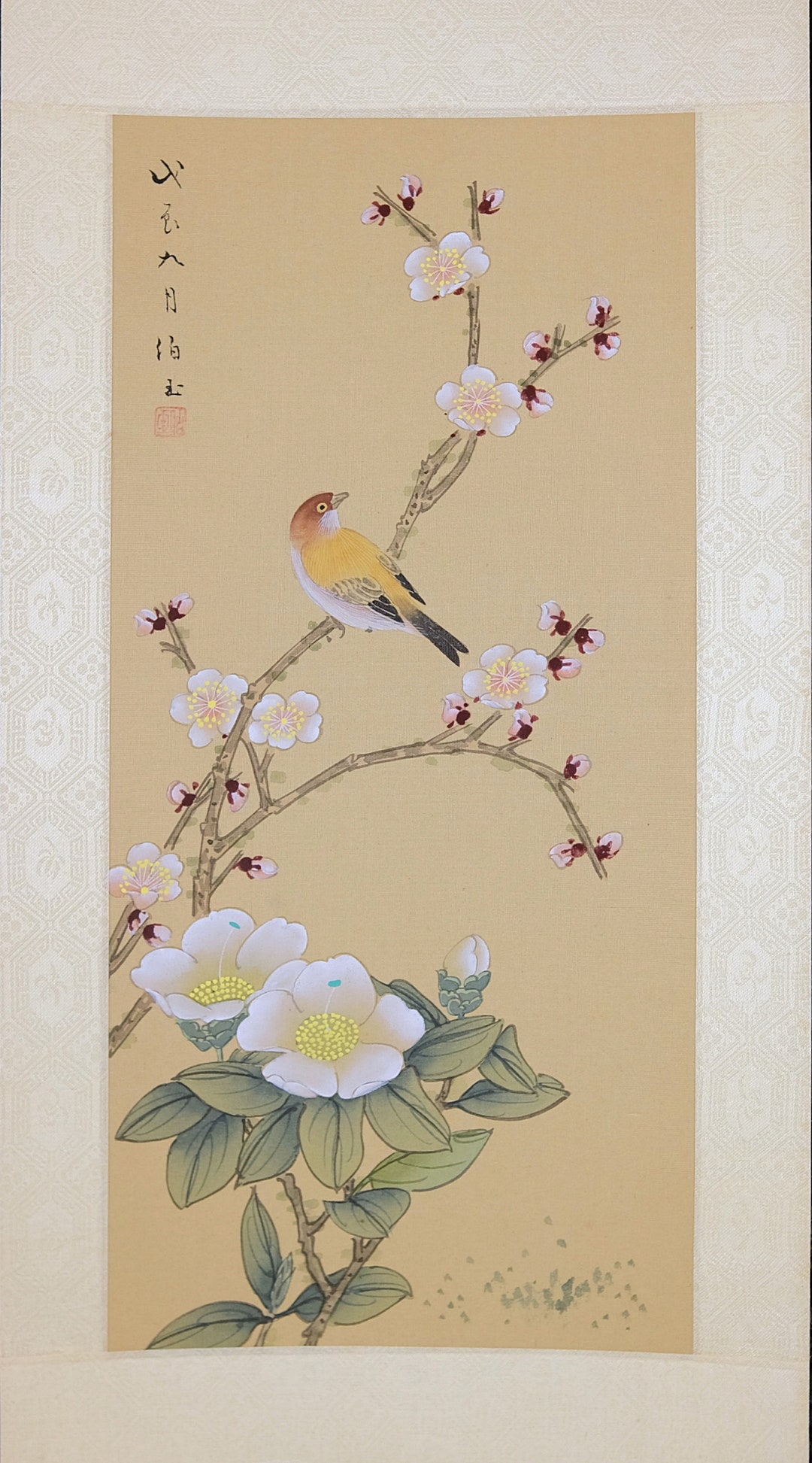 Vintage Asian Watercolor, Spring Bird Blossoms, VTG Oriental Chinese ...