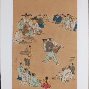 Vintage Korean Watercolor Painting on Rice Paper, Traditional Korean Wrestling, Hand Paint
