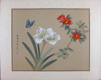 Vintage Asian Original Painting on Silk, Butterfly and Iris Flowers, Oriental Wall Art