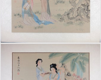 A Set of Vintage Asian Art, Original Watercolor Painting on Silk, Old Oriental Beauties Portrait