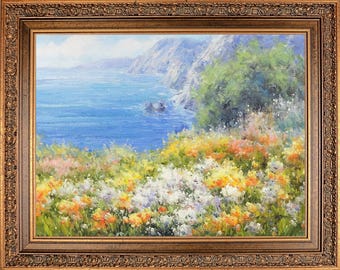 Framed Oil Painting, Signed, Ocean View Summer Landscape, Impressionism Wall Art