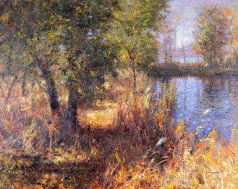 Original Oil Painting: Autumn Lake Forest Landscape, 30&quot; x 40&quot;